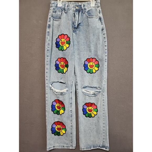 Vintage-Inspired Rainbow Flower Jeans L 25W 27L Straight Leg Ripped/Distressed - Picture 1 of 13